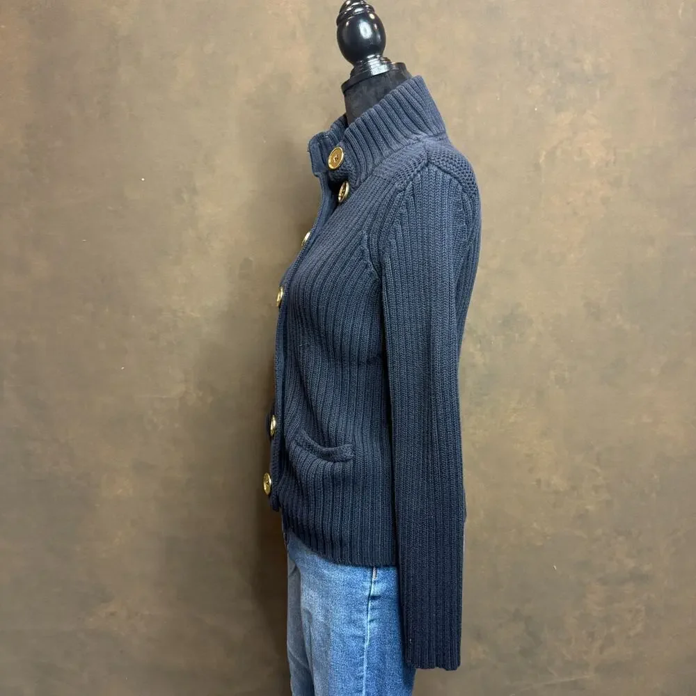 Talbots Petites Pima Cotton Rib Knit Cardigan Sweater Navy Blue Size Small